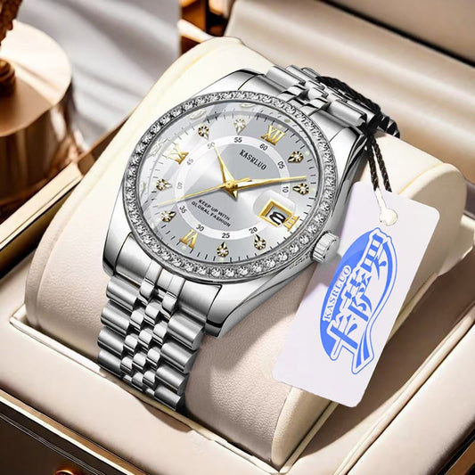 2025 New Roman Numerals Diamond Calendar Steel Band Watch Luminous Waterproof High Color Value Watch Cross-border Hot Sale